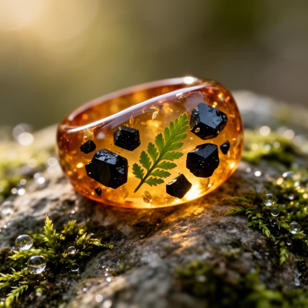 A translucent amber resin ring with obsidian shards and a fern leaf.